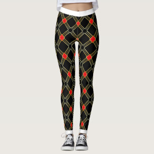 Svarta Guld Kor Rand Mönster Leggings