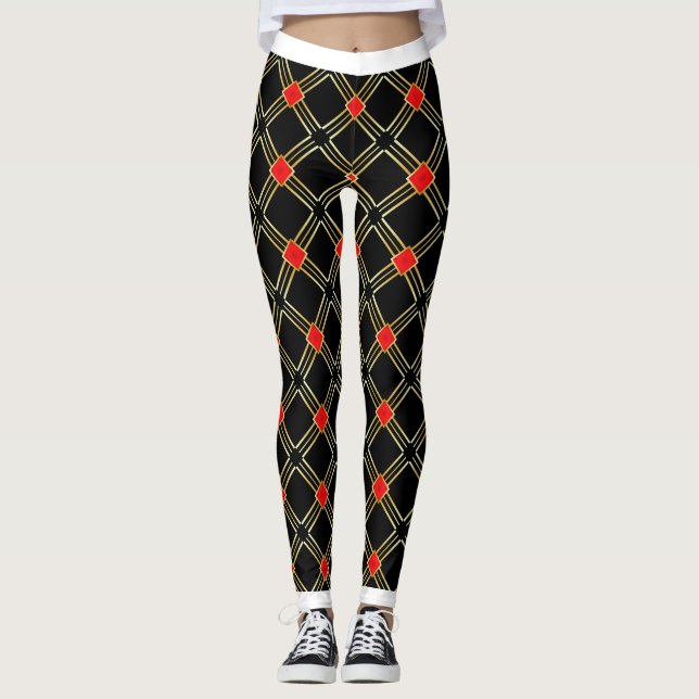 Svarta Guld Kor Rand Mönster Leggings (Framsida)