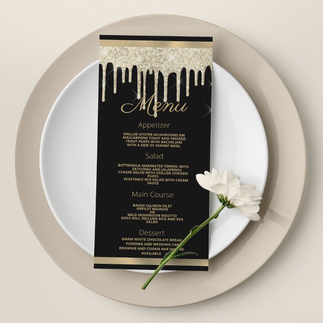Svarta guld lyxen glitter droppar Bröllop Menu Program (Black gold luxury glitter drips Wedding Menu)