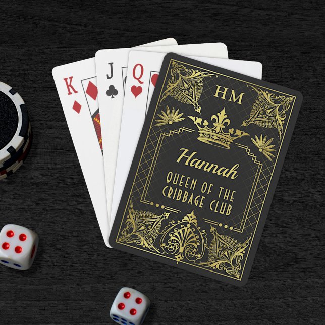 Svarta Guld Monogram Krona Personlig Namn Casinokort (Skapare uppladdad)