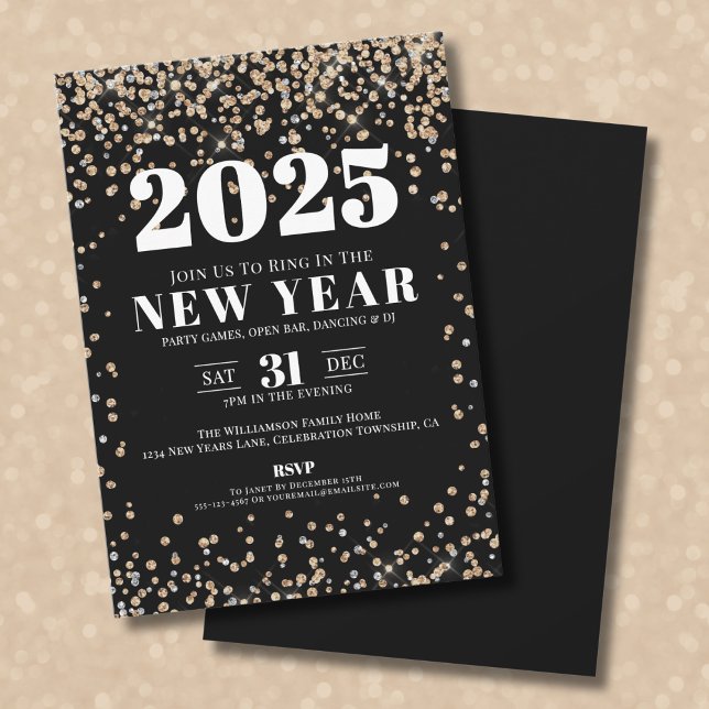 Svarta guld nyårsfirande inbjudningar (Black Gold New Year's Eve Party Invitation)