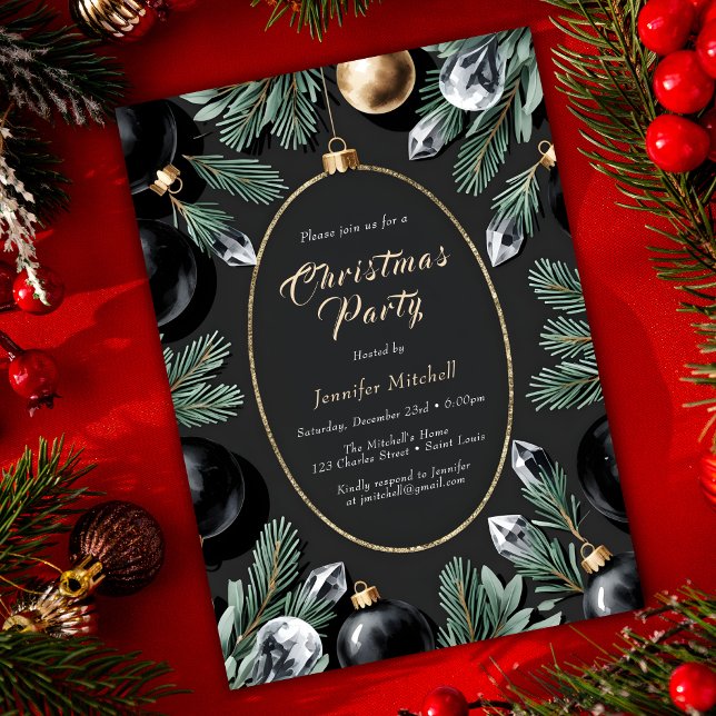 Svarta Guld Ornament Glam Julfest Inbjudningar (Black Gold Ornaments Glam Christmas Party Invitation)