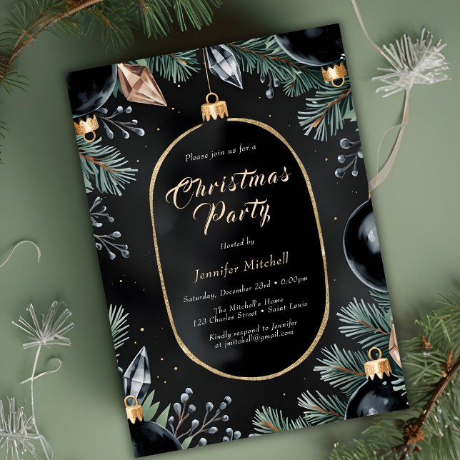 Svarta Guld Ornamenter Modern Julfest Inbjudningar (Black Gold Ornaments Modern Christmas Party Invitation)
