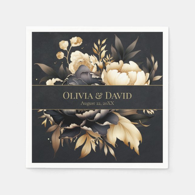 Svarta & Guld Päron Bröllopsservetter Pappersservett (Framsidan)
