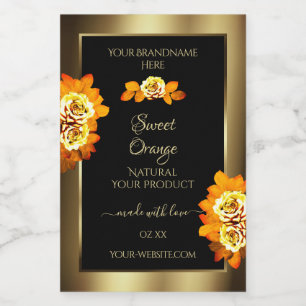 Svarta Guld Produktetiketter Blommande Orange Roso Mat Etikett
