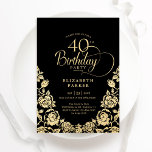 Svarta Guld Ro Inbjudningar<br><div class="desc">Black guld elegant 40-årsfestinbjudan. Klassdesign med ro,  faux guld-folie och typsnitt för typsnitt. Trendig inbjudan-kortets perfekt för en snyggt kvinnlig dag firande. Anpassa med dina egna detaljer. Kan anpassas till vilken ålder som helst. Skrivna Zazzle-inbjudningar eller digital utskrivbar mall för omedelbar nedladdning.</div>