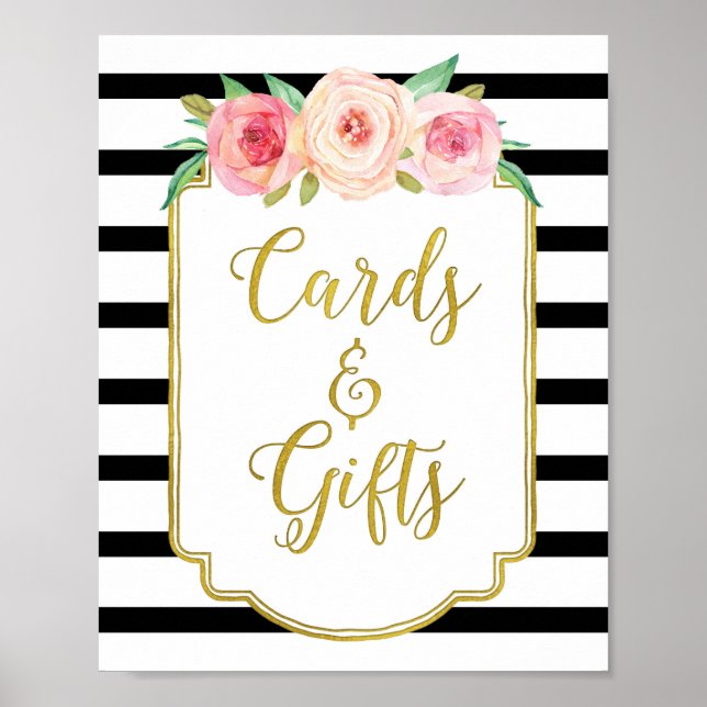 Svarta Guld Rosa Akvarell Blommiga Kort Gåvor Skyl Poster (Framsidan)