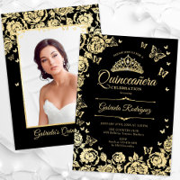 Svarta Guld Rosor Fjärilar Quinceanera Foto