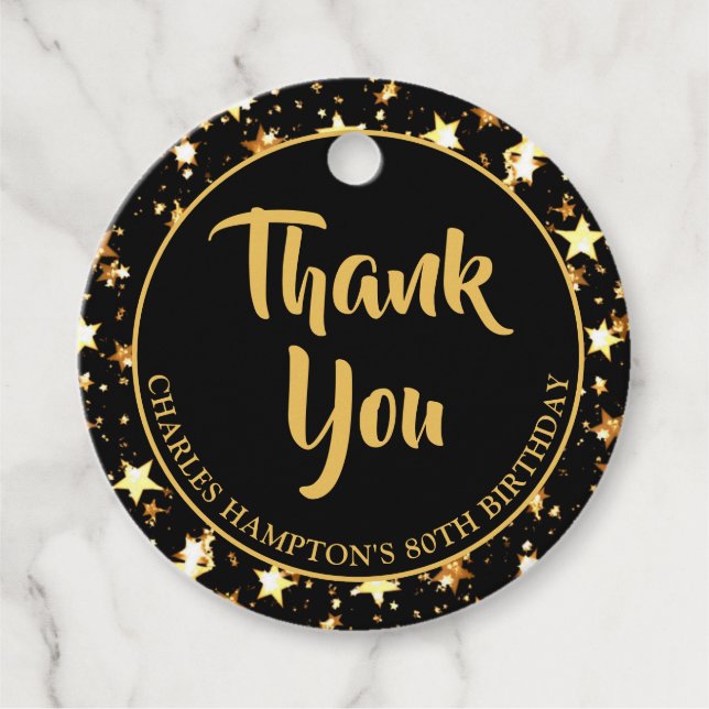 Svarta Guld-stjärnor, 80:e födelsedagen, TACK Gåvor Etiketter (Framsida)