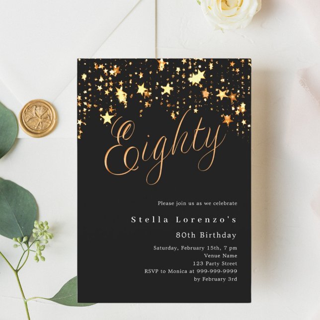 Svarta guld-stjärnor, elegant 80-årsdag inbjudningar (Skapare uppladdad)