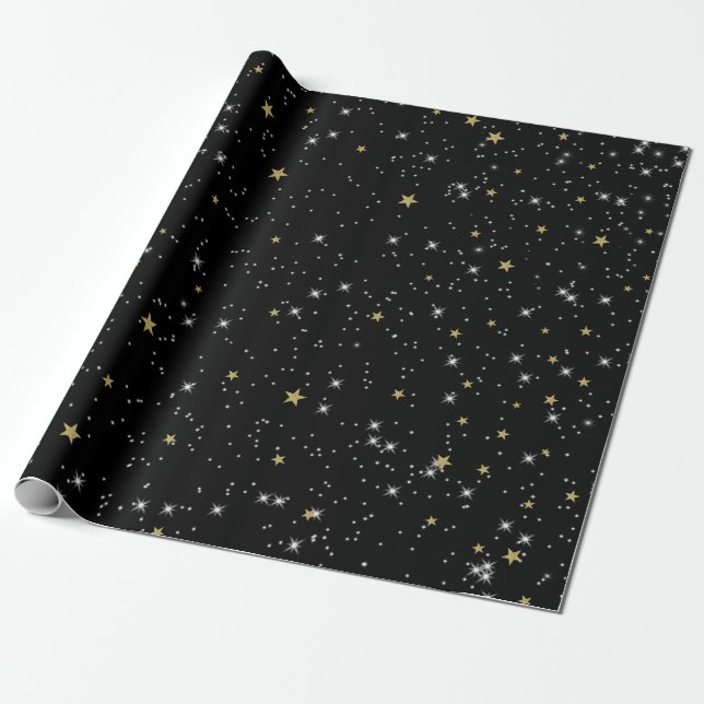 Svarta Guld Stjärnor Himmel Gnist Födelsedagsfest Presentpapper (Utrullad)