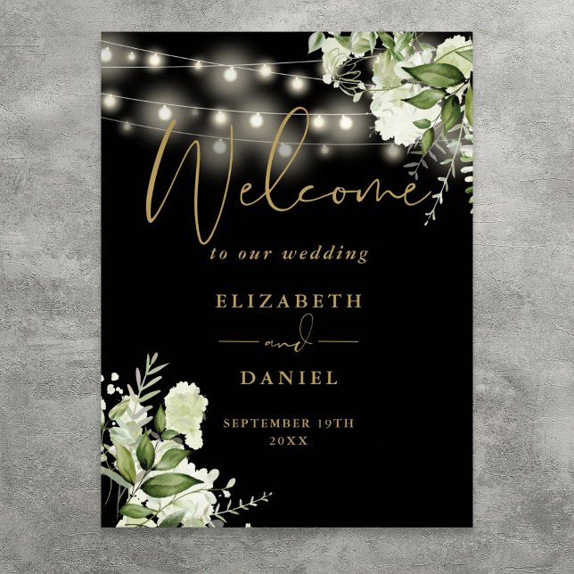 Svarta Guld Strängljus Blommig Bröllop Välkomstsky Poster (Black Gold String Lights Floral Wedding Welcome Poster)