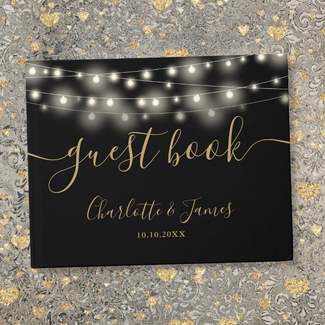 Svarta Guld Strängljus Signatur Skript Bröllop Gästböcker (Black Gold String Lights Signature Script Wedding Guest Book)