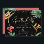 Svarta Guld Tropiska Bat mitzvah Blommigten Handfl Spara Datumet<br><div class="desc">Se till att alla dina vänner och släktingar kan fira din dotters milstolpe Bat mitzvah! Skicka ut den här chicen, personligen "Spara datummeddelande". Fläktande, färgstarka, tropiska vattenfärgfåglar av paradisblommor, handskrivet faux guld-skript, David- och glitter-stjärnor, tillsammans med modern sans serif-typ, täcker över en dramatisk, svart bakgrund. Ytterligare vattentorkare handflatan löv och...</div>