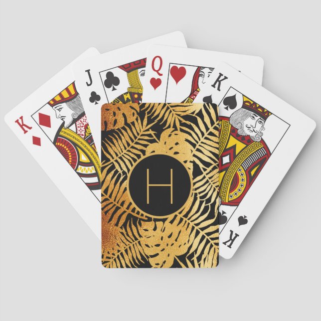 Svarta guld-tropiska löven handflatan träd monogra casinokort (Baksidan)