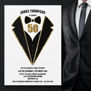 Svarta Guld Tuxedo 50:e Födelsedagsfesten Inbjudningar