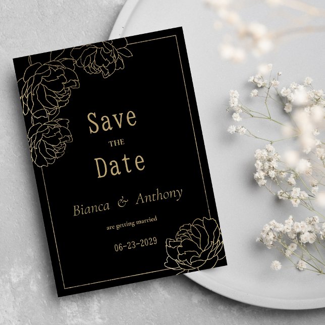Svarta guld-typografipeonlyxen Spara datum Inbjudningar (Black gold typography peony luxury Save the Date)
