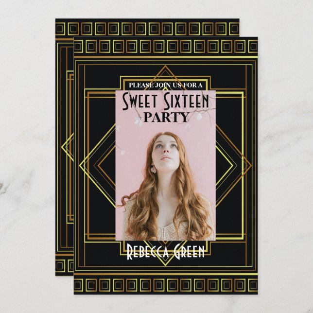 Svarta Guld Underbara Gatsby Sweet sixteen party Inbjudningar (Fram/baksida)