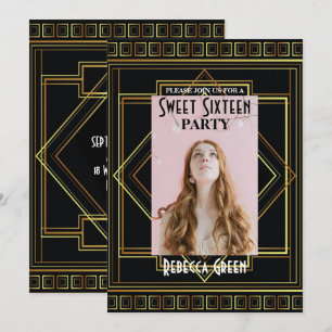 Svarta Guld Underbara Gatsby Sweet sixteen party Inbjudningar