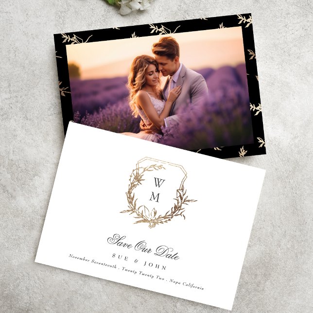 Svarta Guld White Classic Monogram Vapensköld Bröl Spara Datumet (Skapare uppladdad)