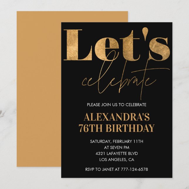 Svarta Guldfärgade 76-års inbjudan Elegant (Fram/baksida)