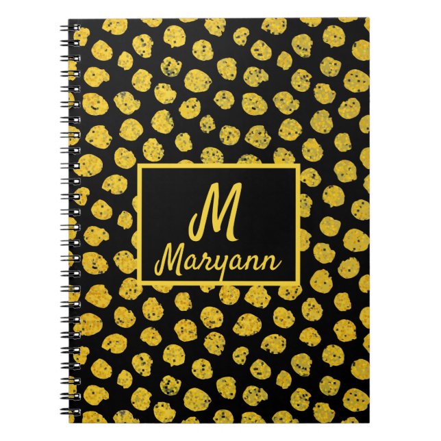 Svarta Guldprickar Glamoröst Namn & Monogram Anteckningsbok (Framsidan)