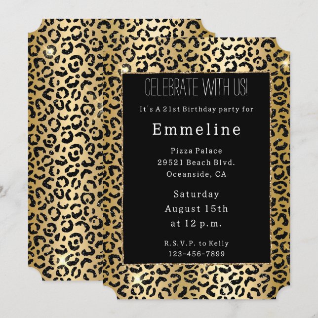 Svarta Gulten Guld Glitter Leopard Inbjudningar (Fram/baksida)