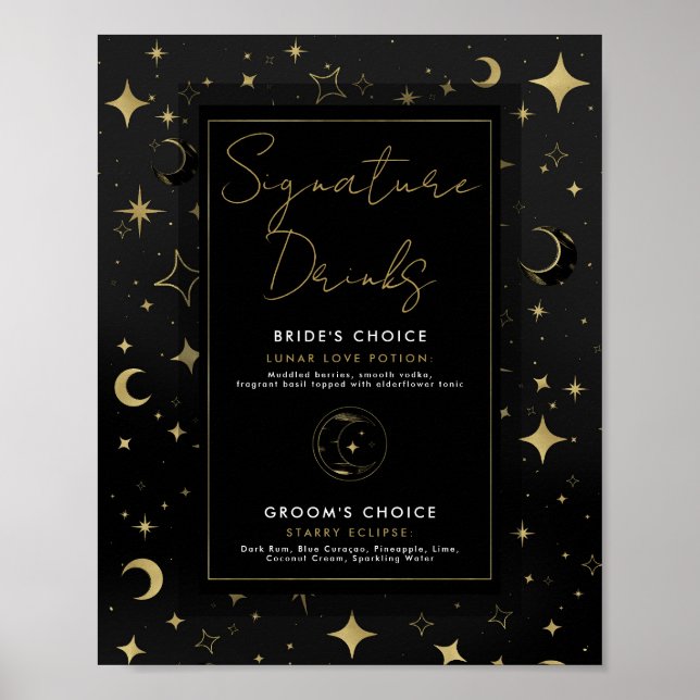 Svarta & Gyllene Celestiala Månstjärnor Signaturdr Poster (Framsidan)