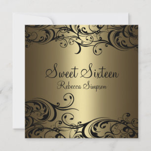 Svarta havet/Guld Blommigten Sweet sixteen Inbjuda Inbjudningar
