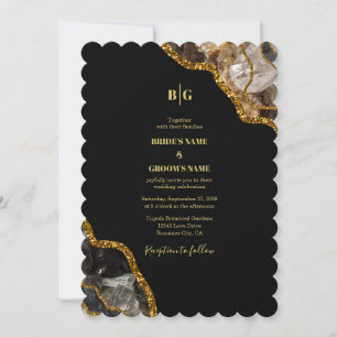 Svarta havet och Guld Agate Geode Glitter Bröllop Inbjudningar