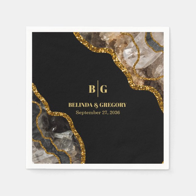 Svarta havet och Guld Agate Geode Glitter Bröllop Pappersservett (Framsidan)