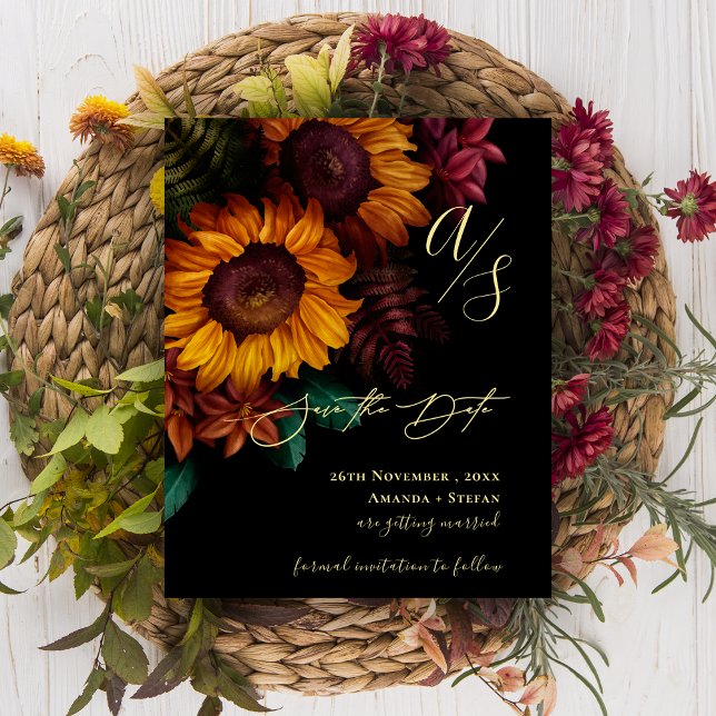 Svarta havet och Guld, Blommigten Bröllop spara da (Black & Gold Fall Floral Wedding Save the Date)