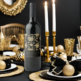 Svarta havet och Guld Glitter Blommigt Glad helg N Vinflaska Etikett