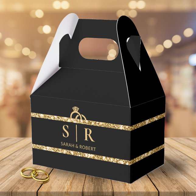 Svarta havet och Guld Glitter, Diamond Ring Bröllo Presentaskar (Black & Gold Glitter Strip Diamond Ring Wedding Favor Box)