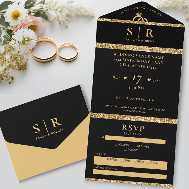 Svarta havet och Guld Glitter Elegant bröllop (Black & Gold Glitter Elegant Wedding All In One Invitation)
