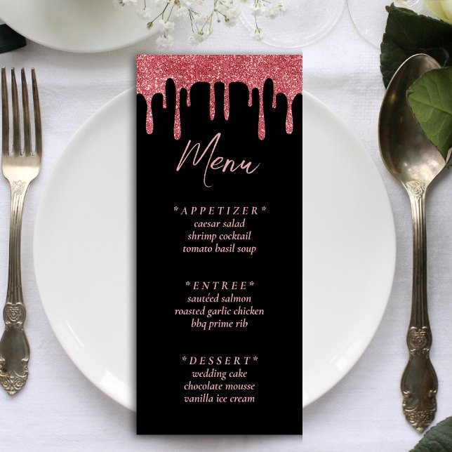 Svarta havet och Rosa ros Guld, Glitter-drivrutin, Meny (Black & Pink Rose Gold Glitter Drip Wedding Menu)