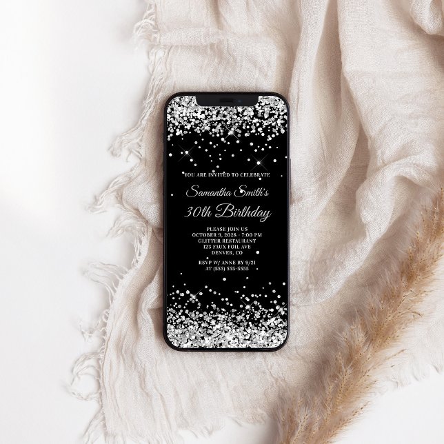 Svarta havet och Silver Glitter 30års födelsedag Inbjudningar (Black and Silver Glitter 30th Birthday Invitation)