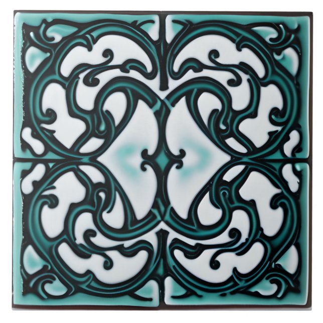 Svarta havet och Teal på vit Tuscan Stil Kakelplatta (Framsidan)