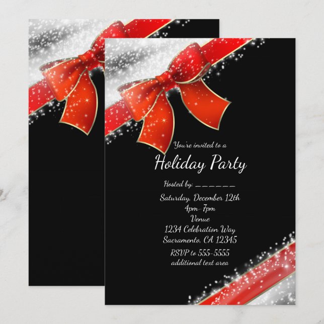 Svarta Helgdag för Red Bow & Sparkles Chic Inbjudningar (Fram/baksida)