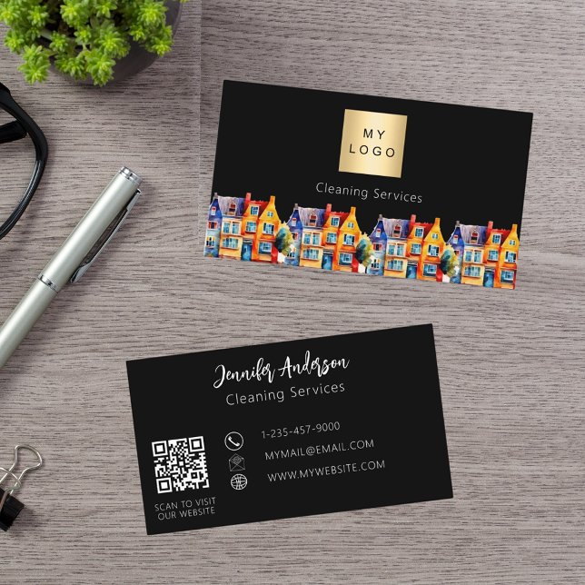 Svarta hemtjänster - QR-logotyp för städning tjäns Visitkort (Skapare uppladdad)