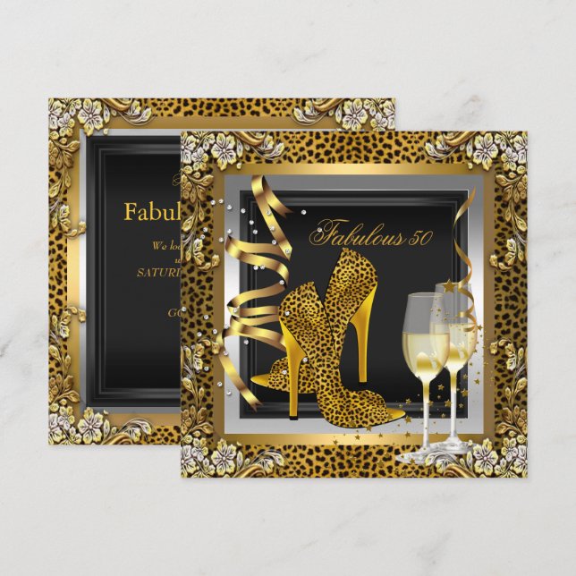 Svarta högklackade skor med guld leopardmönster fö inbjudningar (Fram/baksida)