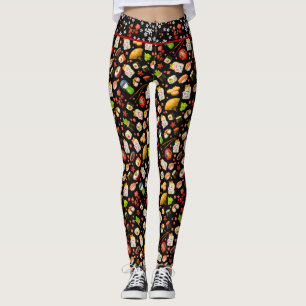 Svarta japanska Maneki Neko Cat och Sushi Leggings
