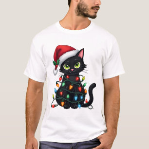 Svarta julbelysningar katt Santa hatt rolig julkat T Shirt