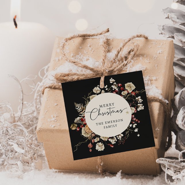 Svarta julfavoritaggar gåvor etiketter (Black Boho Botanical Merry Christmas Favor Tags
)