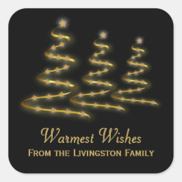 Svarta julgranar i stilisering med guldribbor för fyrkantigt klistermärke