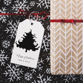 Svarta julklappsmärkning med träd presentetikett