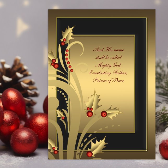 Svarta julkort med guld från Holly Christian Helgkort (Christian Christmas card with red and gold holly on a black and gold background with scriptures.)