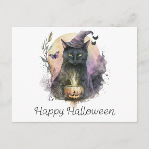 Svarta Katt Häxhatt Fjärilar Glad Halloween Helg Vykort