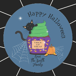 Svarta katt- och Halloween Cupcake Blå Klistermärk Runt Klistermärke