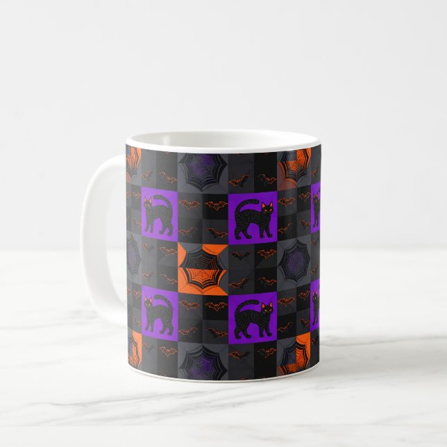 Svarta katt rutor Halloween Kaffemugg (Framsida vänster)